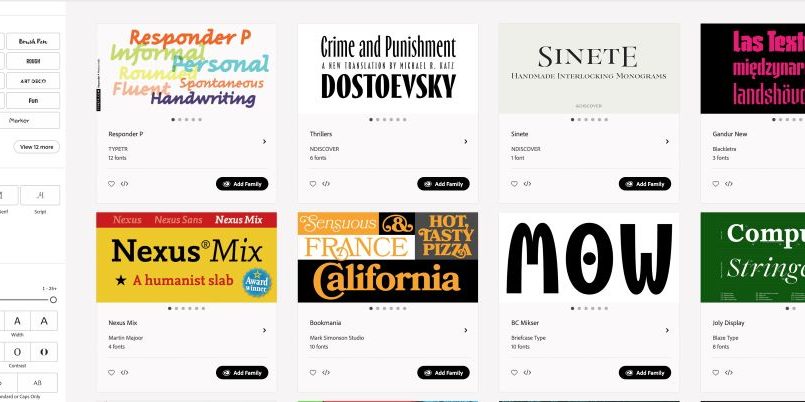 Designer comparing font licensing options on computer screen showing Adobe Creative Cloud and commercial font websites