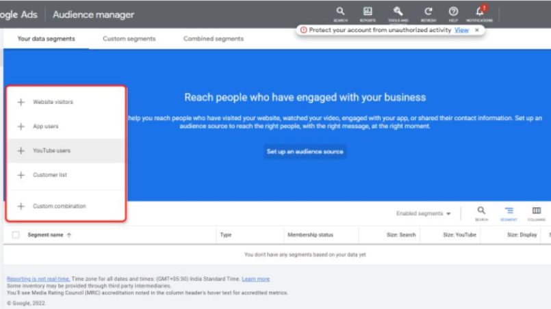 Step-by-step screenshot of creating a lookalike segment in Google Ads Audience Manager.