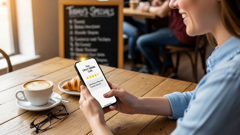 Customer leaving positive online review on smartphone to boost local business visibility