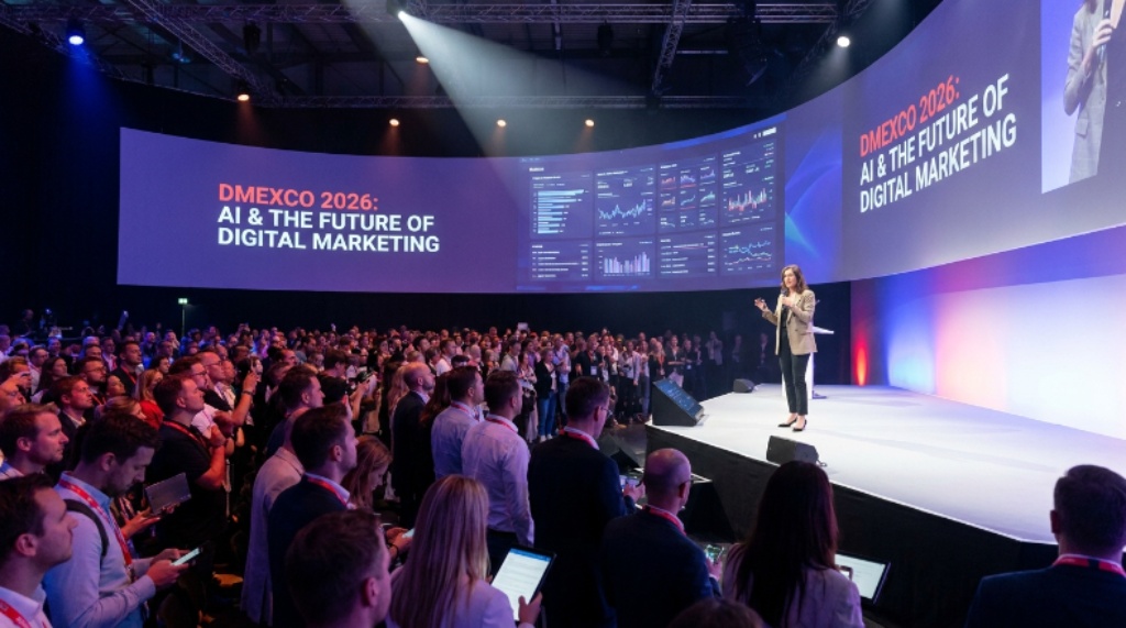A keynote speaker presenting on artificial intelligence and the future of digital marketing on the main stage at DMEXCO 2026 in Cologne, with a large audience and projection screen behind them
