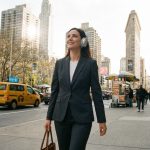 Woman wearing Bose QuietComfort headphones walks along a busy New York City sidewalk.