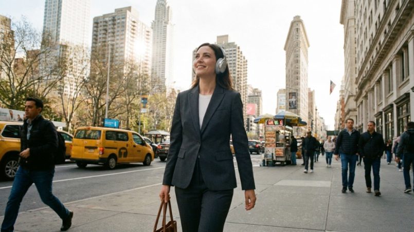Woman wearing Bose QuietComfort headphones walks along a busy New York City sidewalk.