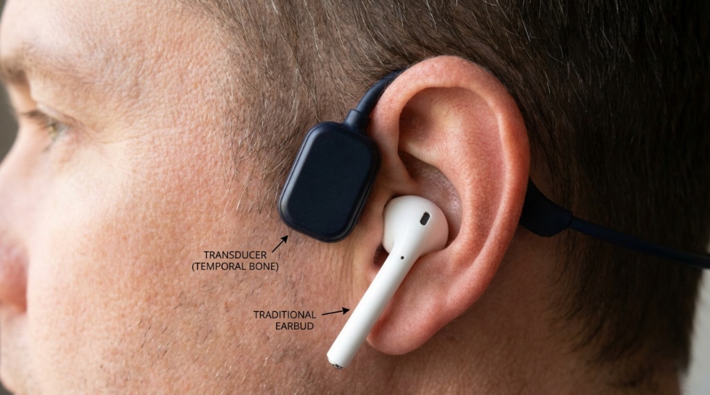 Close up showing correct bone conduction headphone placement on cheekbone.