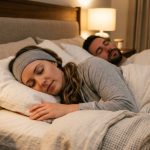 Woman sleeping on her side wearing flat headphones next to her partner.