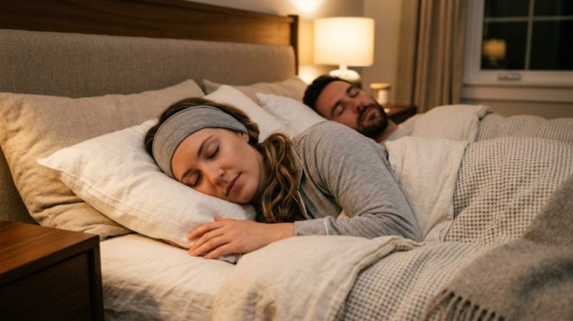 Woman sleeping on her side wearing flat headphones next to her partner.