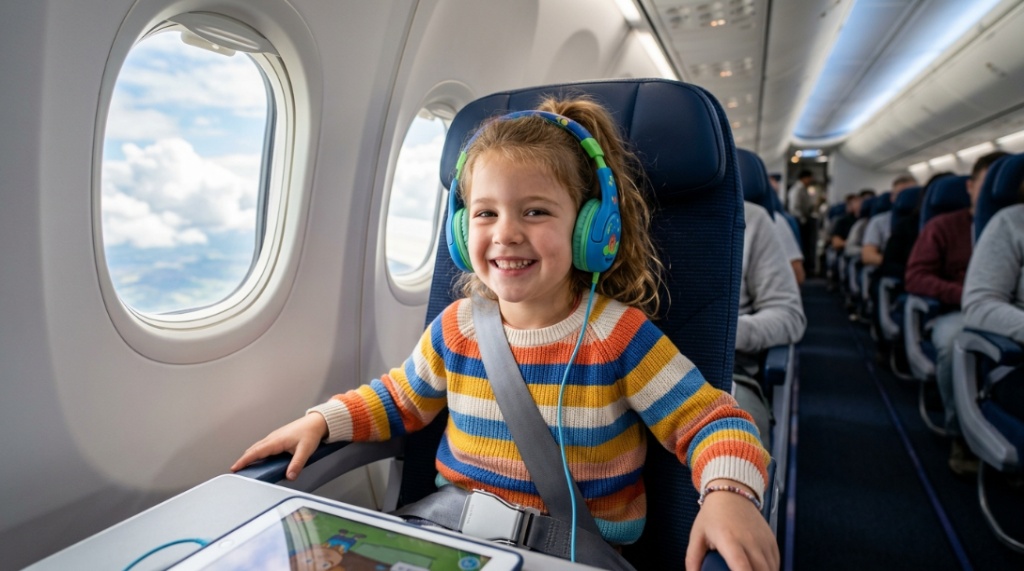 A young girl sleeping peacefully in an airplane seat wearing pink headphones.