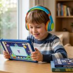 Child wearing colorful kids headphones while looking at a tablet screen.