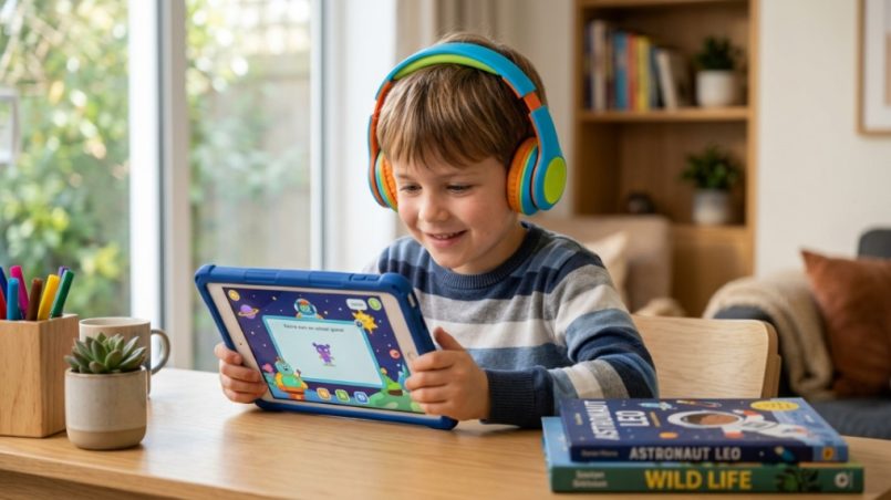Child wearing colorful kids headphones while looking at a tablet screen.