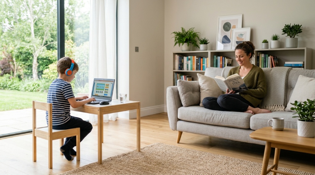 Boy using kids headphones at a desk while his mother reads on the couch.