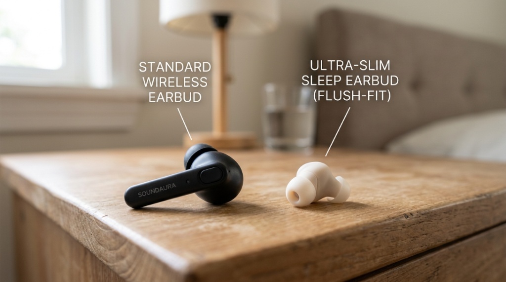 Standard bulky earbud next to a tiny flush silicone sleep earbud.