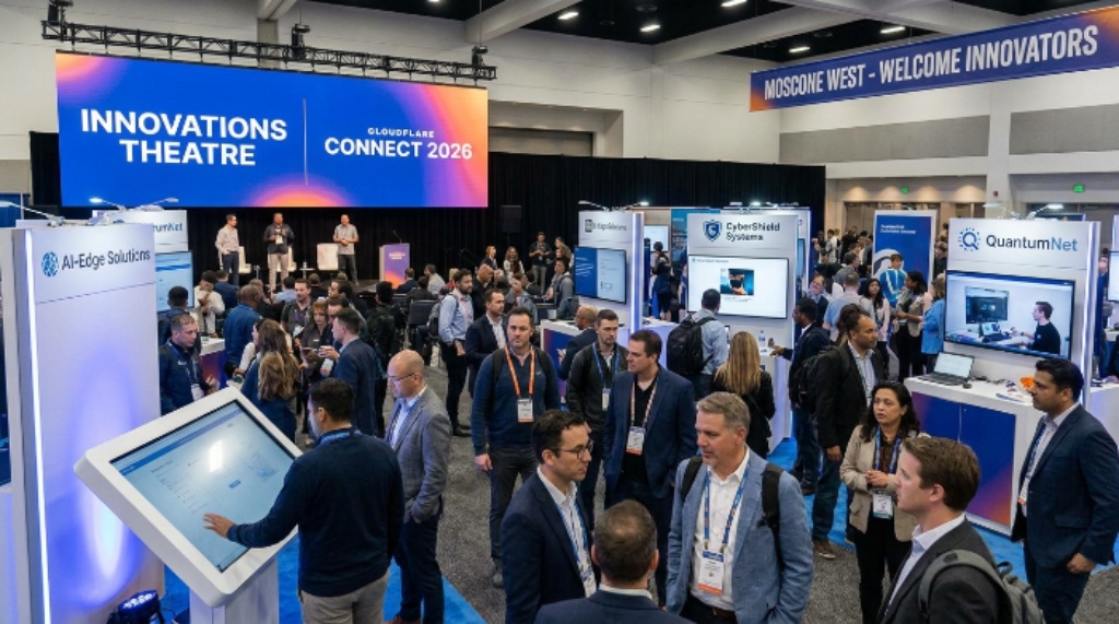 Attendees exploring exhibitor booths and product demos at the Innovations Theatre during Cloudflare Connect 2026 at Moscone West