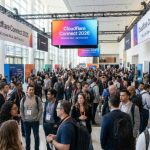 Technology professionals networking in the main hall at Cloudflare Connect 2026 inside Moscone West in San Francisco, California