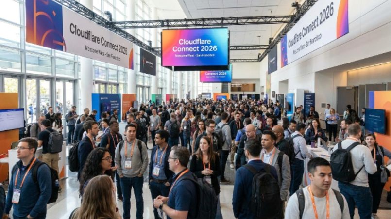 Technology professionals networking in the main hall at Cloudflare Connect 2026 inside Moscone West in San Francisco, California