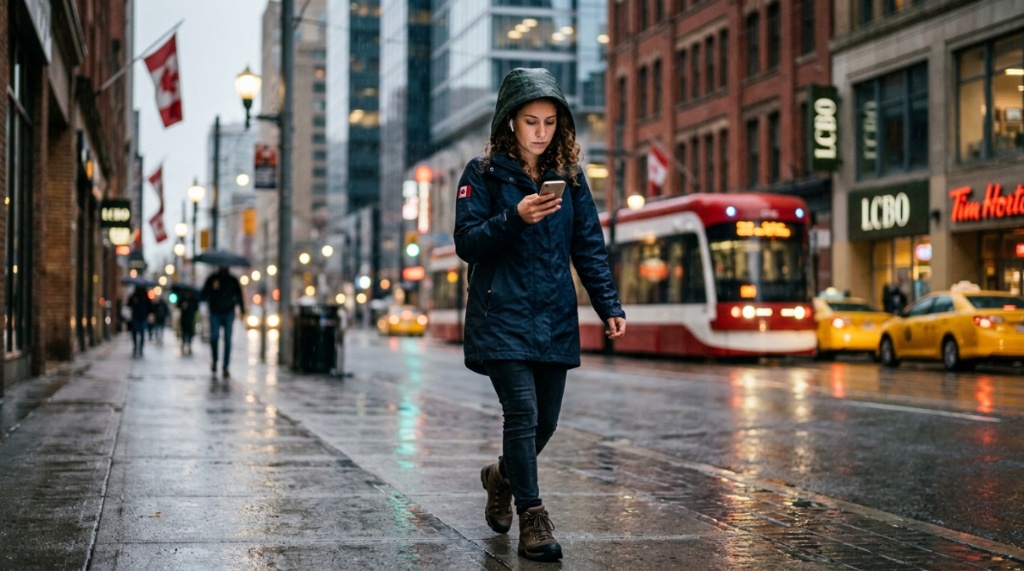 A person wearing a discreet wireless earbud while looking at their smartphone outdoors.