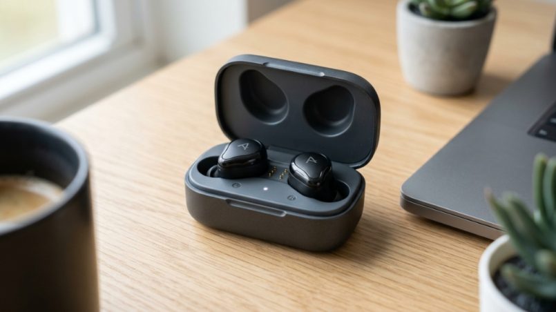 Pair of sleek black wireless earbuds sitting inside an open charging case on a desk.