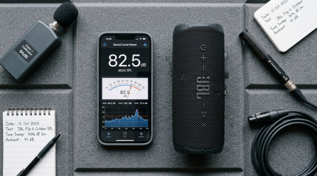 Smartphone decibel meter measuring sound output of outdoor waterproof speaker.