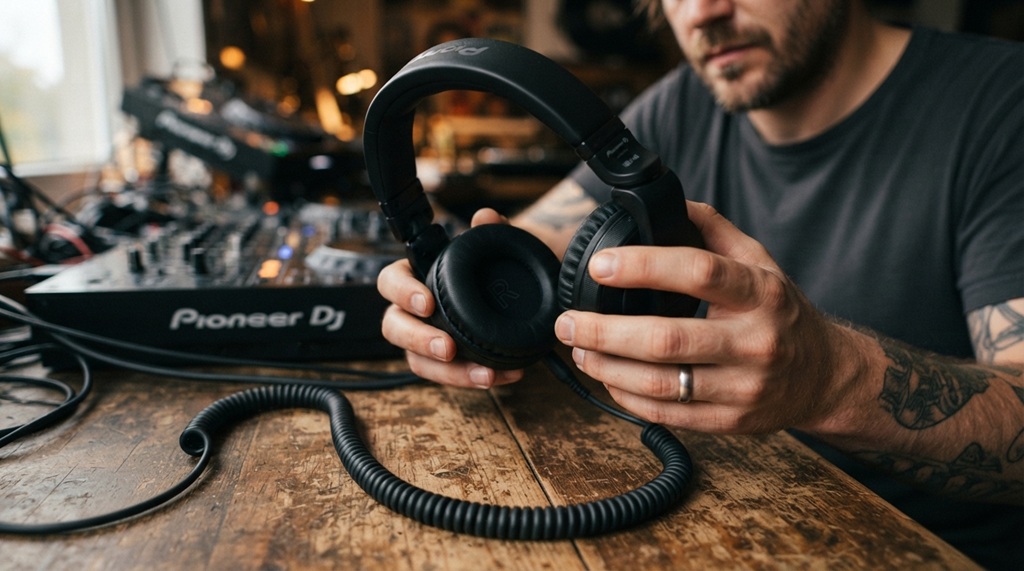 Male DJ holding black headphones with swiveling ear cups on desk.