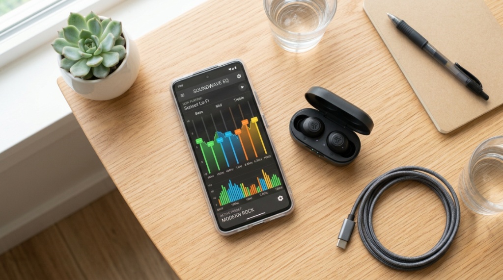 Smartphone displaying equalizer settings next to budget earbuds.