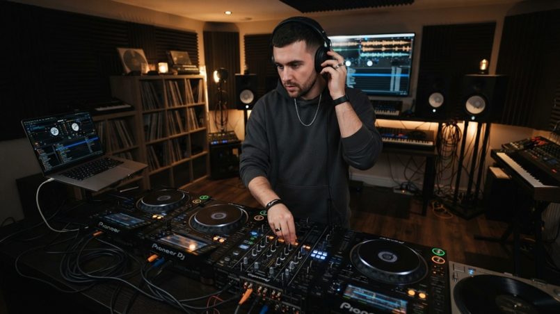 Young male DJ testing closed back audio headphones at a mixing board.