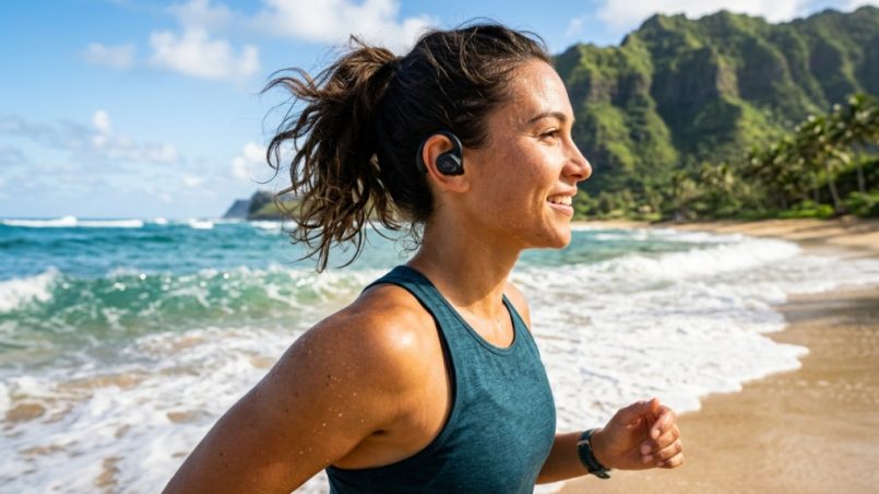 Person wearing waterproof earbuds while jogging on a sunny Hawaiian beach.