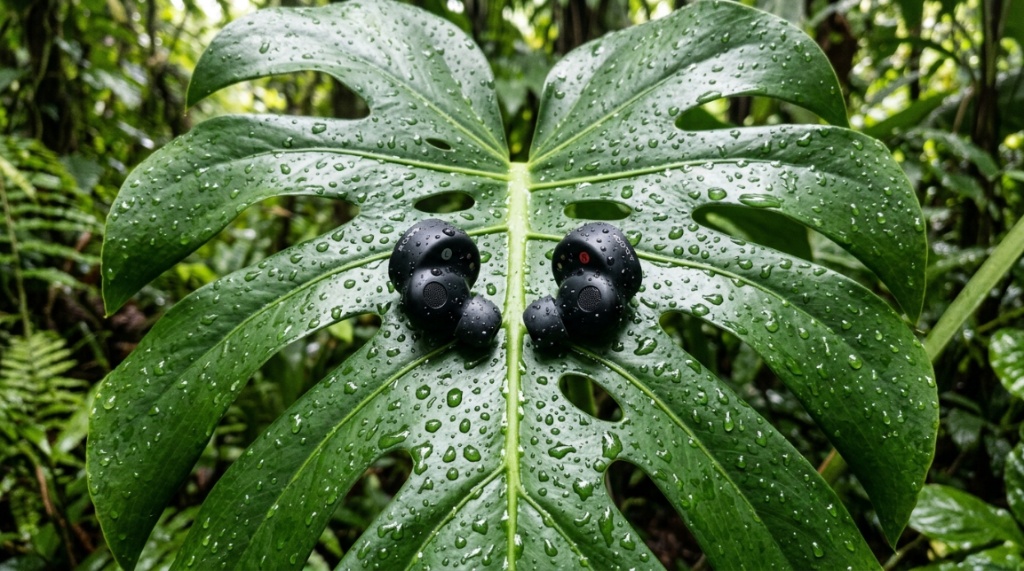 Waterproof earbuds resting on a wet tropical leaf with water droplets.