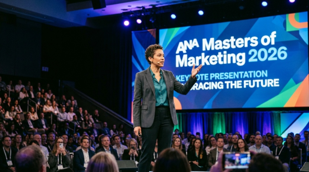 Keynote speaker presenting on stage at the ANA Masters of Marketing 2026 event