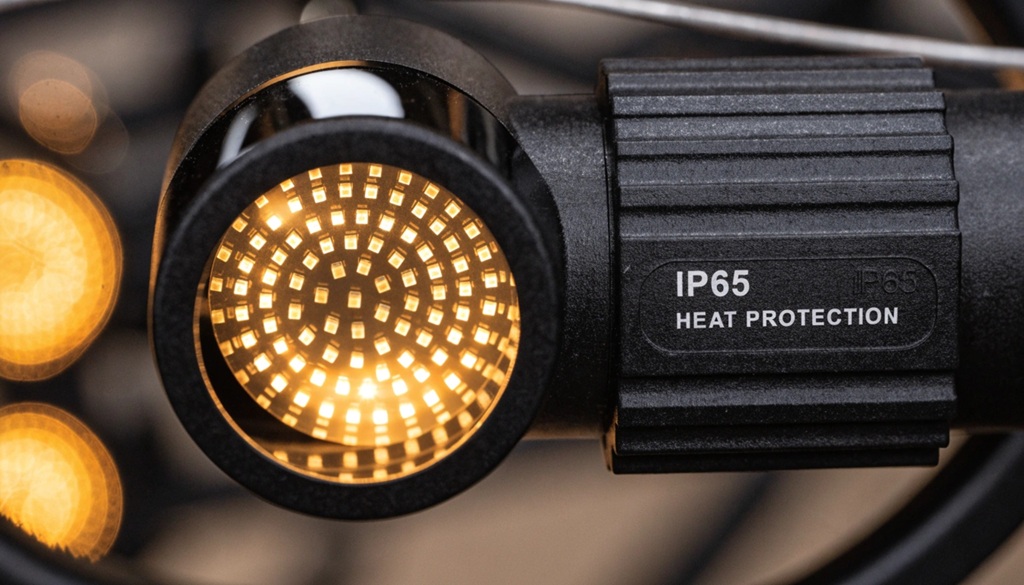 Close-up view of durable solar Christmas lights with weather-resistant battery housing.